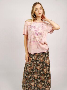 Y2K Collage Print Top (M) pink tee vintage womens butterfly rhinestone artsy